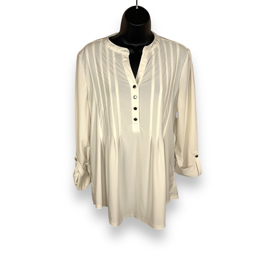 MEDIUM WONDERLY IVORY WHITE BLOUSE STRETCH NEUTRAL 3/4 SLEEVE